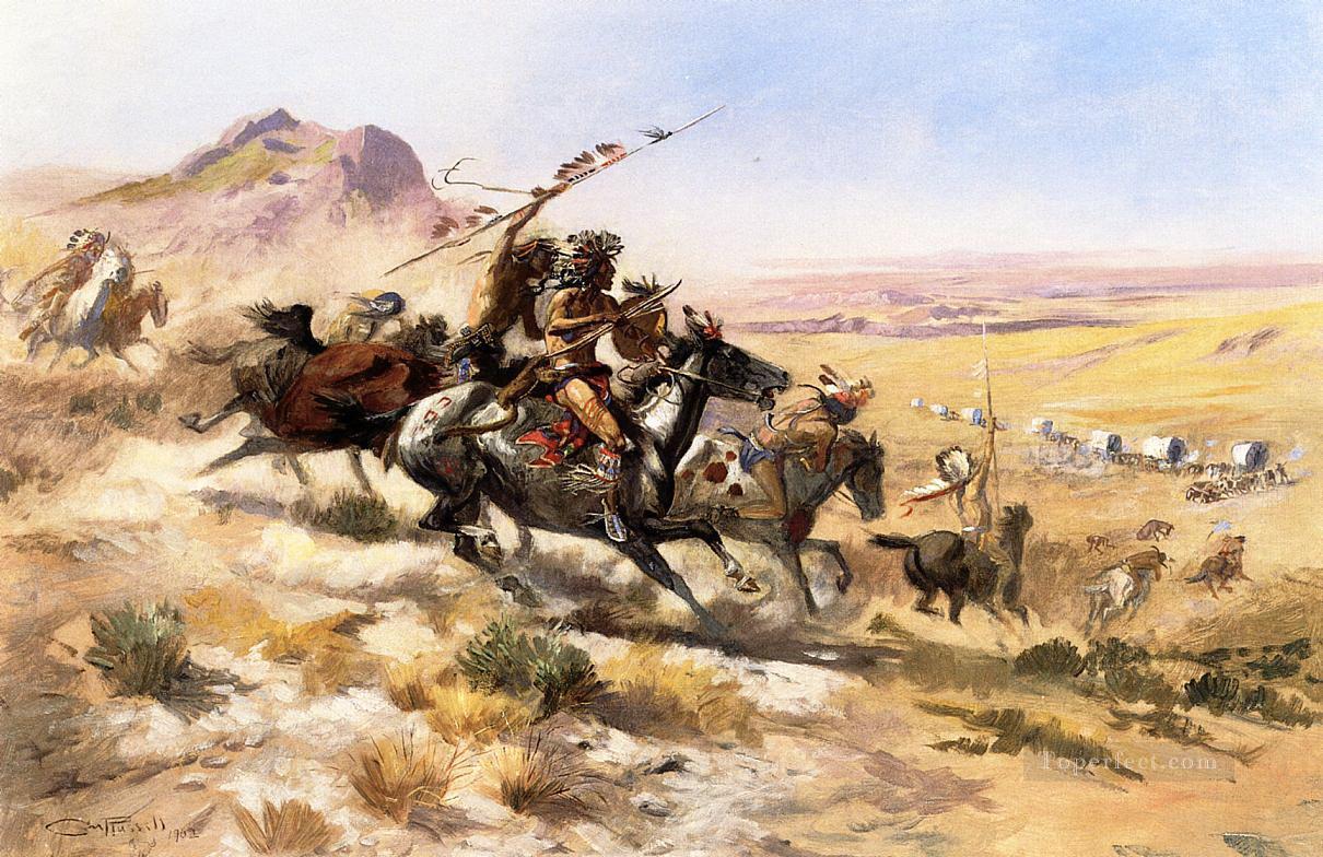 attaque contre un wagon 1902 Charles Marion Russell Indiens d’Amérique Peintures à l'huile